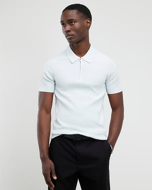 River Island Mens Polo Shirt Blue Muscle Fit Ribbed Short Sleeve