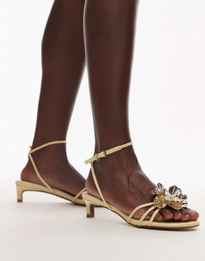 Topshop Inaya kitten heel strappy sandal with gold flower in yellow