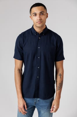 Navy Linen Blend Short Sleeve Chest Pocket Shirt