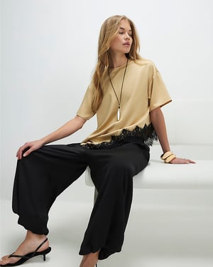 River Island Womens T-Shirt Beige Asymmetric Lace Satin