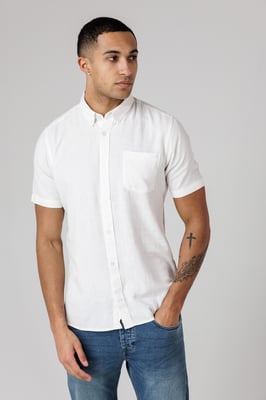 White Linen Blend Short Sleeve Chest Pocket Shirt