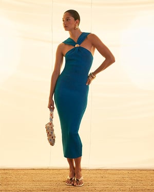 River Island Womens Midi Dress Blue Halter Neck Brooch Knitted Ribbed