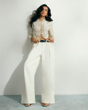 River Island Womens Wide Leg Jeans Cream Belted Pleated