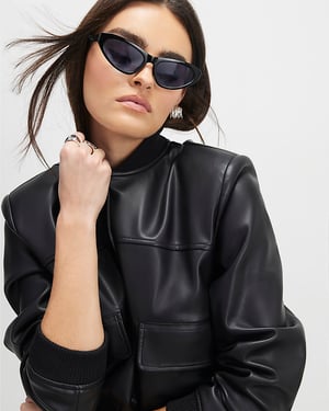 River Island Womens Bomber Jacket Black Faux Leather Cropped