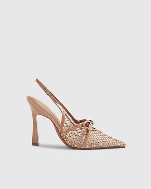 River Island Womens Slingback Heels Beige Mesh Bow Pointed Toe