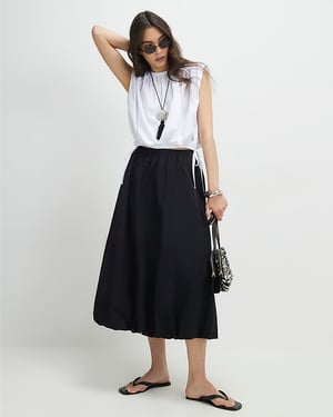 River Island Womens Midi Skirt Black Bubble Hem Elasticated Waist