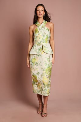 Cross Neck Peplum Hem Jacquard Pencil Skirt