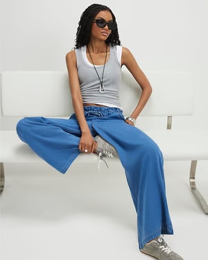 River Island Womens Wide Leg Jeans Blue Paperbag Drawstring