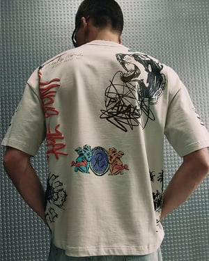 River Island Mens T-Shirt Beige Oversized Cotton Graffiti Print