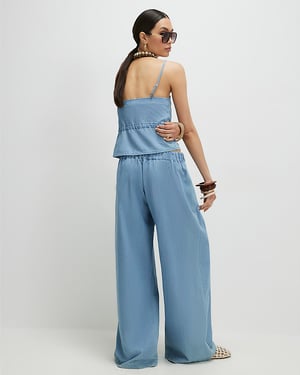 River Island Womens Wide Leg Trousers Blue Denim Look Drawstring