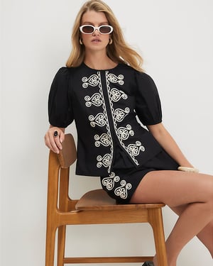 River Island Womens Top Black Poplin Short Sleeve Embroidered