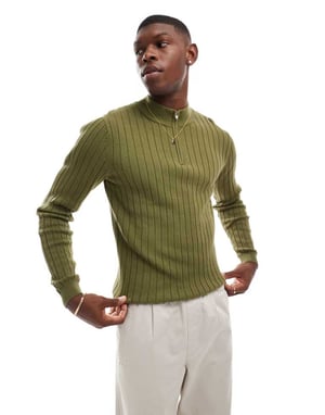 ASOS DESIGN essential muscle fit knitted rib 1/2 zip jumper in khaki