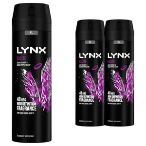 Lynx XL 48-H High Definition Fragrance Excite Body Spray Deodorant 3 Pack, 200ml