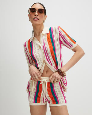 River Island Womens Shorts Cream Striped Crochet Drawstring