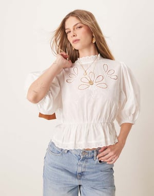 Gina Tricot puff sleeve blouse top with embroidered cutwork front bodice detail in white