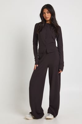 Tall Rib Button Through Long Sleeve Top and Wide Leg Trouser Co-ord