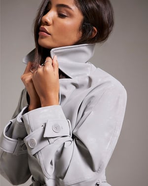 River Island Womens Trench Coat Grey Faux Leather Cropped Belted
