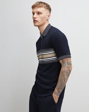 River Island Mens Polo Shirt Navy Slim Fit Stripe Short Sleeve
