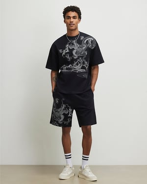 River Island Mens T-Shirt Black Oversized Japanese Dragon