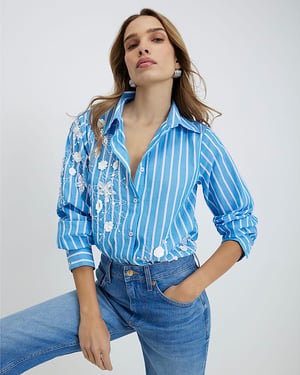 River Island Womens Shirt Blue Striped Long Sleeve Embellished