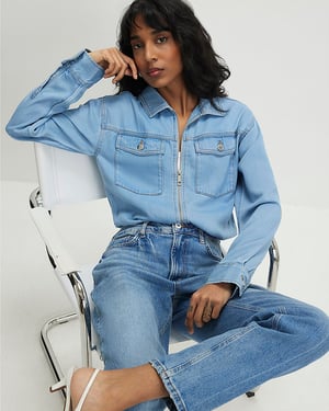 River Island Womens Bomber Jacket Blue Denim Tencel Bubble Hem