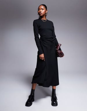 ASOS DESIGN ruched tie side rib midi dress in black