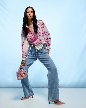 River Island Womens Blouse Pink Floral Half Placket Long Sleeve
