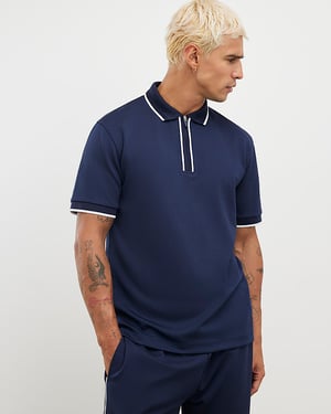 River Island Mens Polo Shirt Navy Slim Fit Textured Zip Tipped