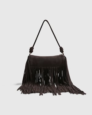 River Island Womens Cylinder Bag Brown Suede Mega Fringe Zip