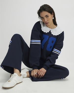 River Island Womens Sweatshirt Navy '78' Long Sleeve Collared