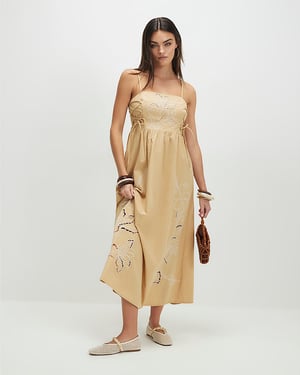 River Island Womens Midi Dress Beige Cotton Broderie Tie Side