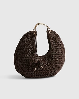 River Island Womens Scoop Bag Brown Raffia Metal Handle Popper