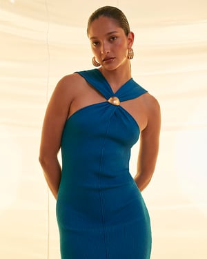 River Island Womens Midi Dress Blue Halter Neck Brooch Knitted Ribbed