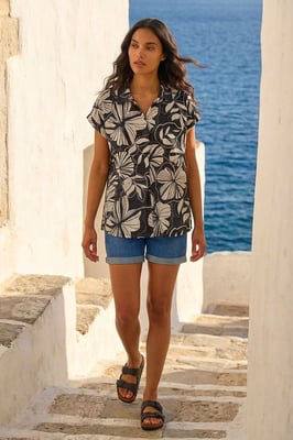 Printed Broderie Collared Top