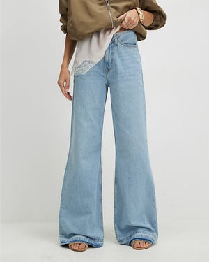 River Island Womens Wide Leg Jeans Blue Clean Waist Turn Down Hem