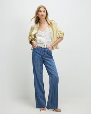 River Island Womens Straight Leg Jeans Blue Stripe Relaxed Embroidered