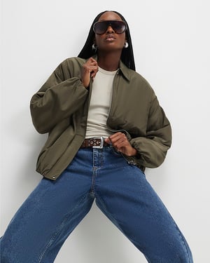 River Island Womens Jacket Khaki Bubble Hem Collared Zip Popper