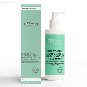 skinChemists Anti-Ageing Pore Control Cream Cleanser with Salicylic Acid & Niacinamide 200ml for Acne, Blemishes, Large Pores, Dullness