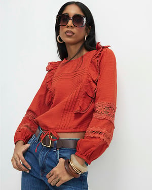 River Island Womens Blouse Orange Long Sleeve Ruffle Round Neck