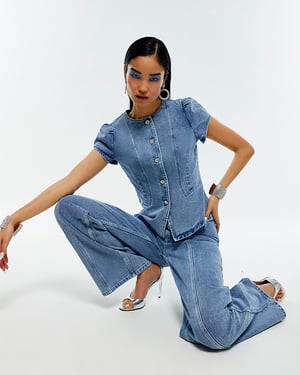 River Island Womens Top Blue Washed Bling Denim Short Sleeve