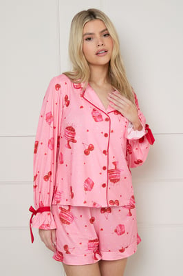 Pink Cakes Long Sleeve Bow Cuff Jersey Pyjama Set