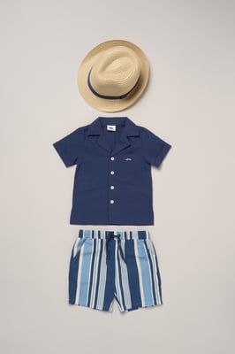 Woven Shirt, Stripe Shorts and Fedora Hat