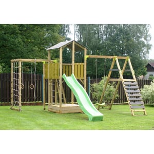 Wendi Toys Houten speeltoren dino | inclusief glijbaan, klimwand, schommel &