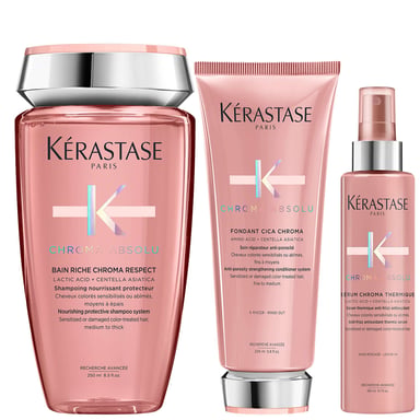 Kérastase Chroma Absolu Trio — Bain Riche 250 ml, Fondant Cica Chroma 200 ml & Se9rum Chroma Thermique 150 ml (voor gevoelig, gekleurd haar)