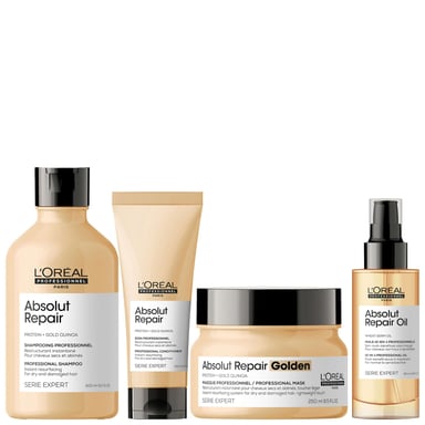 L'Oréal Professionnel Serie Expert Absolut Repair Haarverzorgingsset - Shampoo 300 ml, Conditioner 200 ml, Golden Resurfacing Mask 250 ml, 10-in-1 Leave-in Olie 90 ml