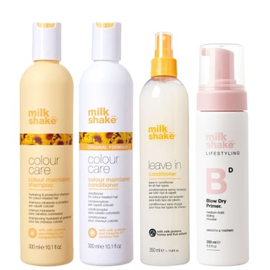 milk_shake Kleurverzorgingsset: Kleurbehoudende shampoo 300 ml, conditioner 300 ml, leave-in conditioner 350 ml & föhnprimer 200 ml