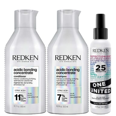 Redken Bond Repair Bundel — Acidic Bonding Concentrate Shampoo 300ml, Conditioner 300ml + One United 150ml