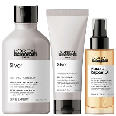 L'Oréal Professionnel Serie Expert Silver Trio – Paarse shampoo 300 ml, zilveren conditioner 200 ml & 10-in-1 leave-in olie 90 ml