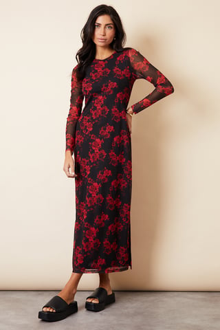 Black 'Blooming' Printed Long Sleeve Mesh Midi Dress