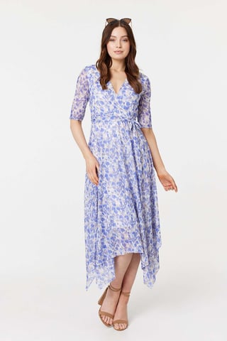 Blue Tie Dye Print 1/2 Sleeve Midi Dress